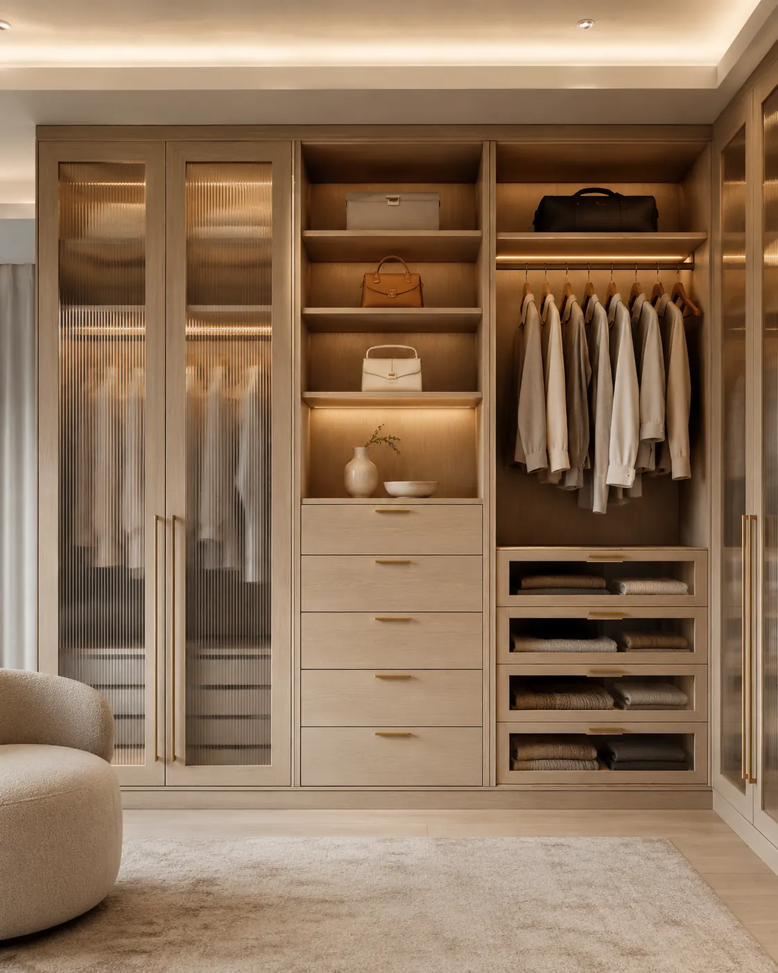 Glass door built-in oak wardrobe