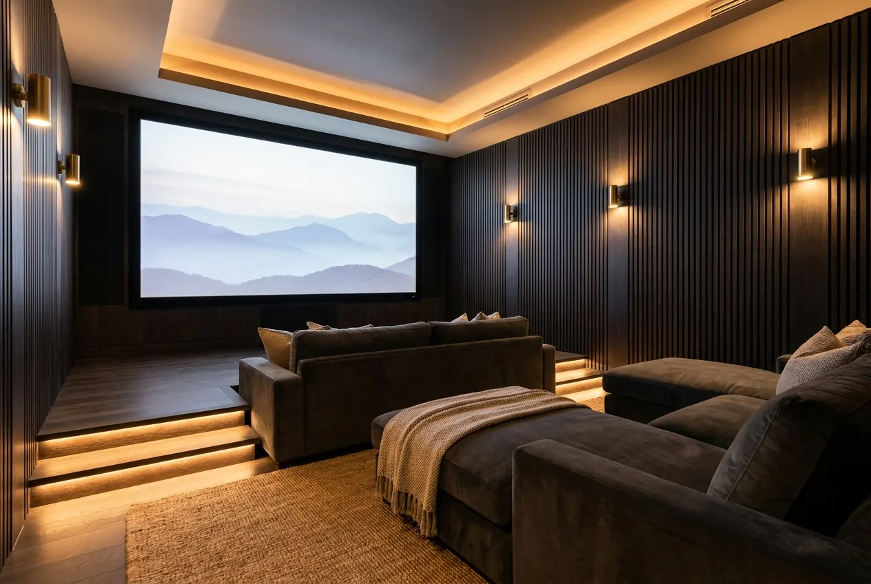Dark timber home theatre with projection screen