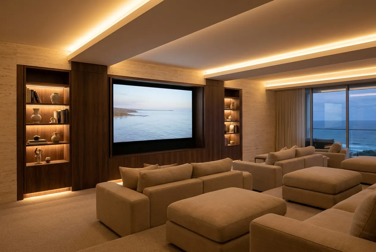 Warm media room with ocean screen