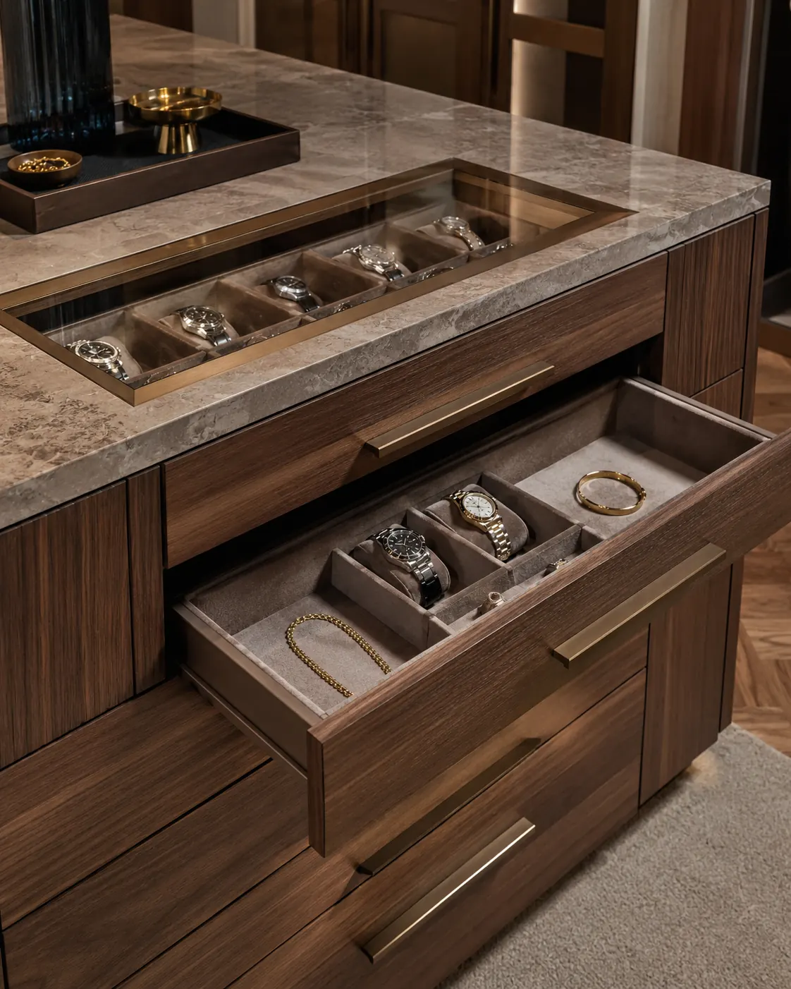 Walnut watch island jewellery display