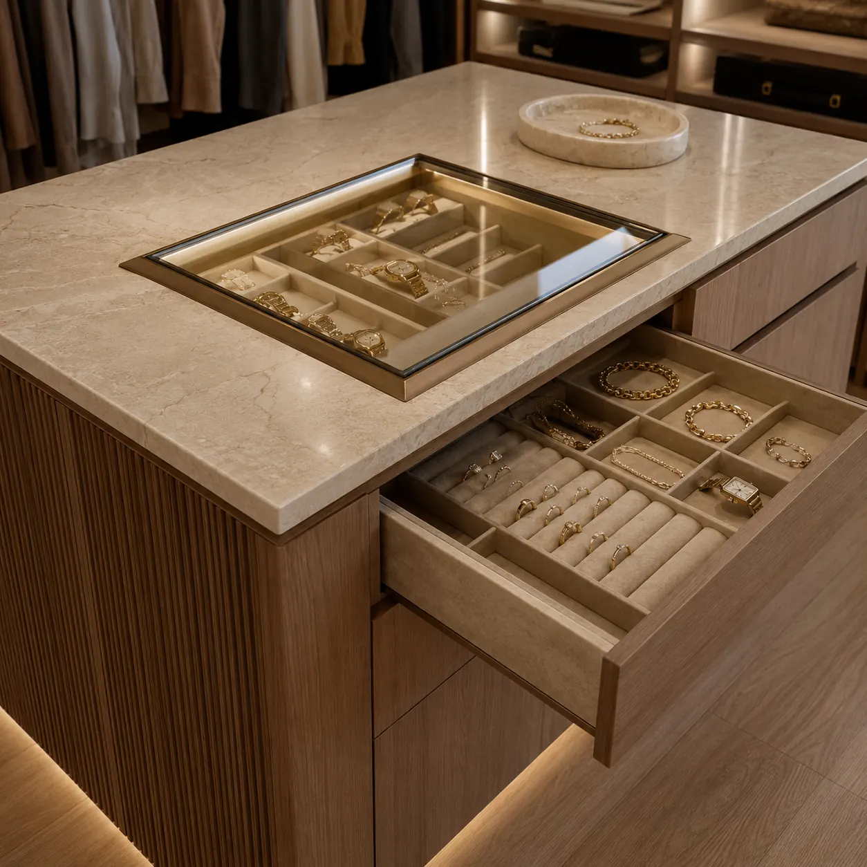 Stone island glass jewellery display