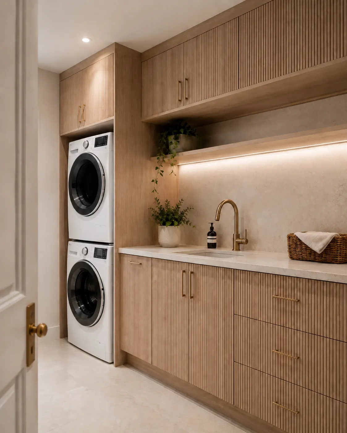 Oak fluted laundry with brass