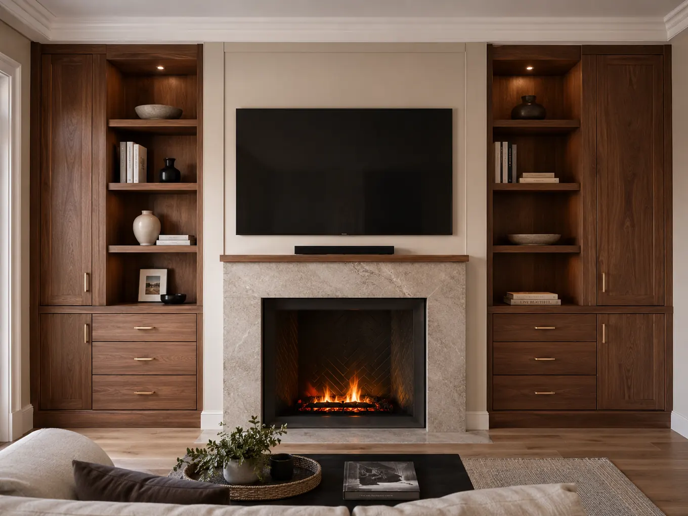 Walnut media wall with fireplace