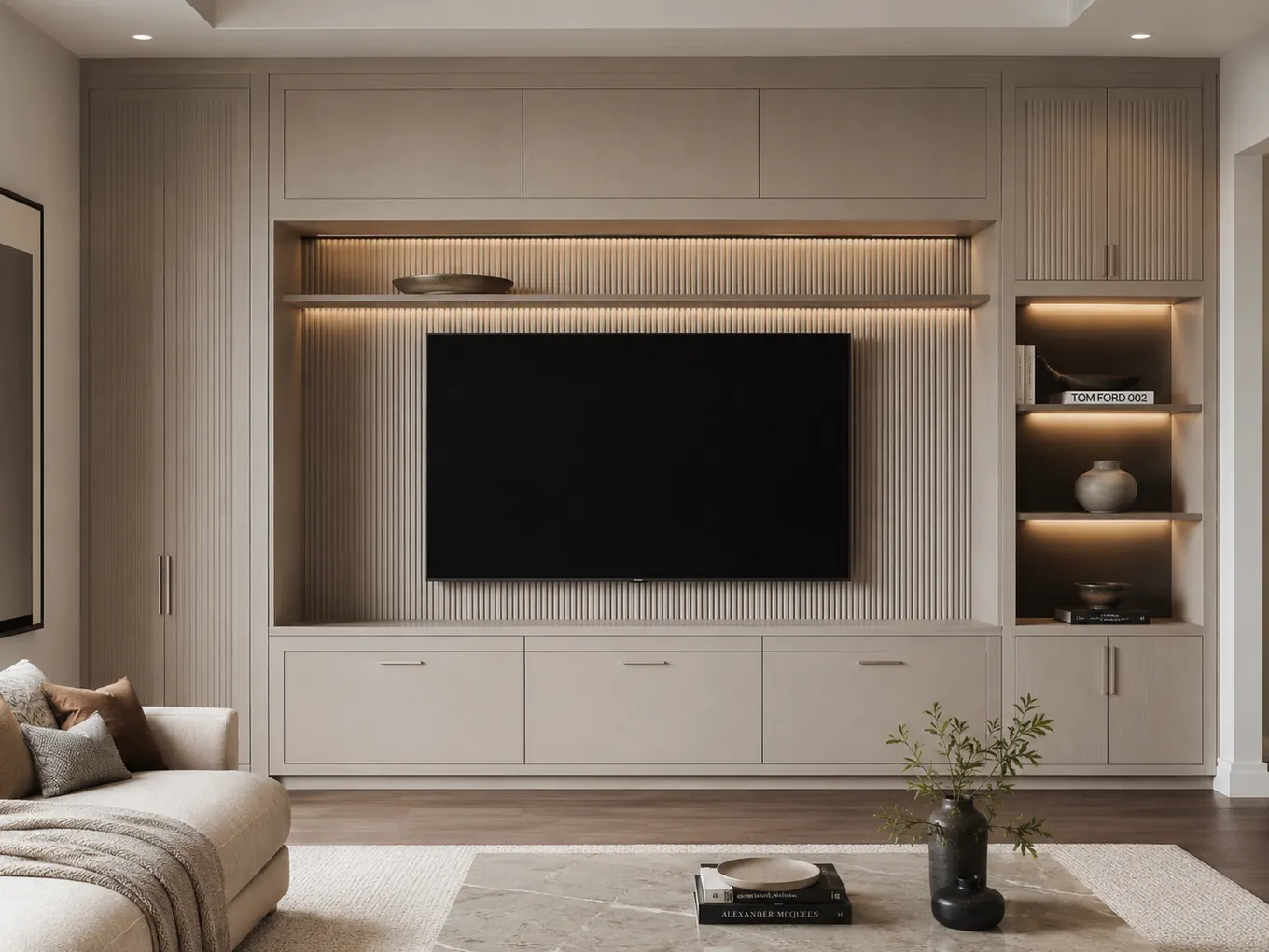 Cream fluted TV wall