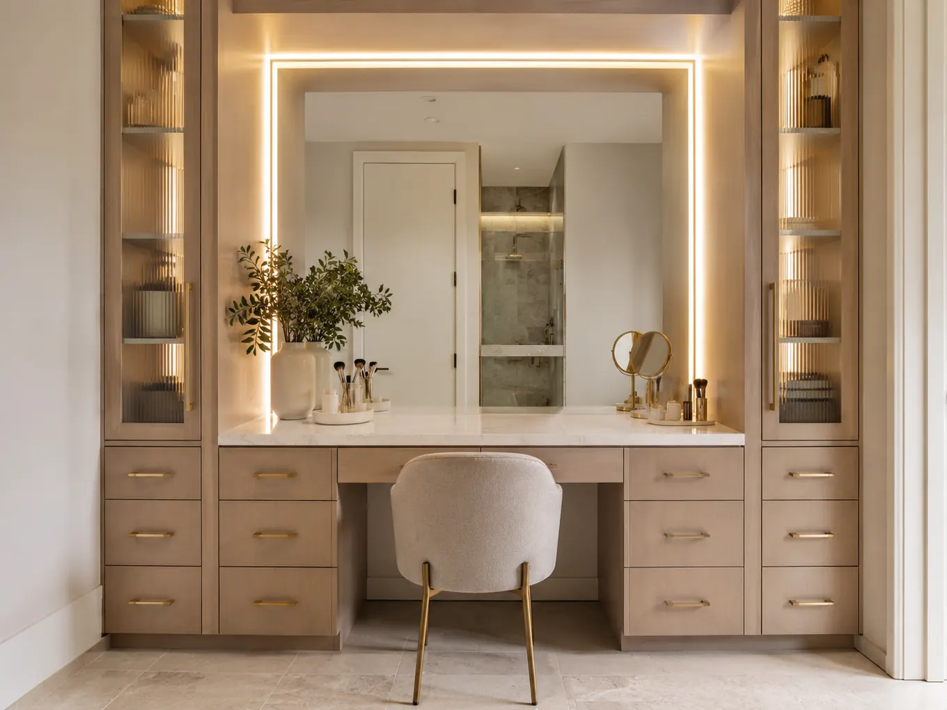 Arched LED mirror makeup station