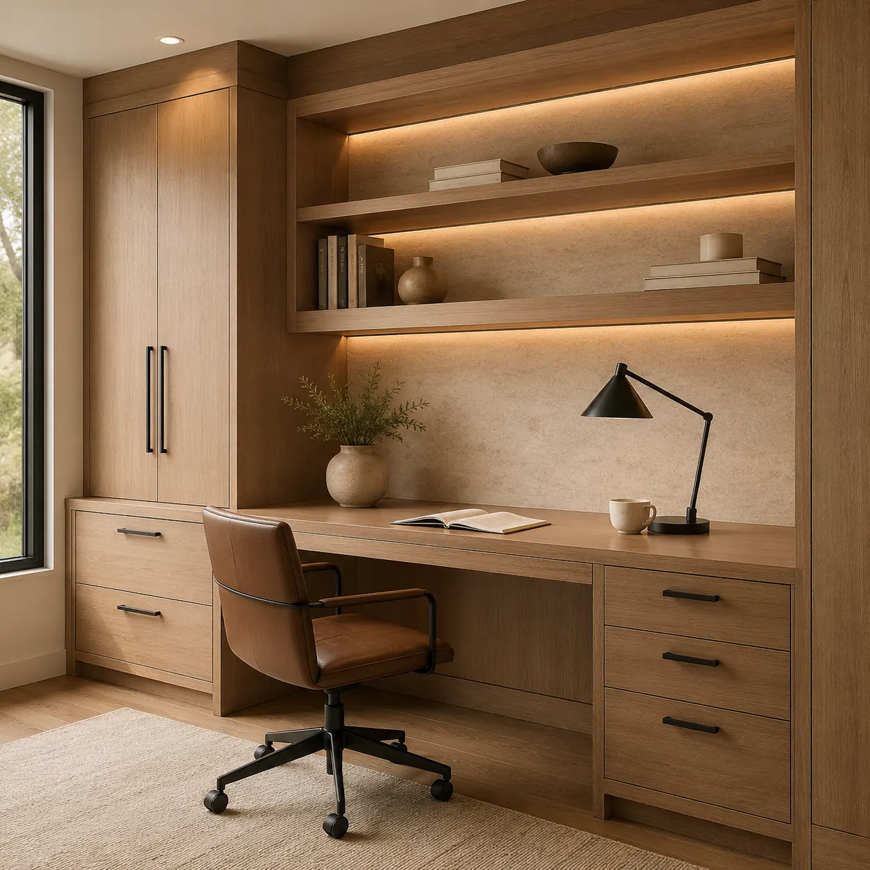 Oak home office with lit shelves