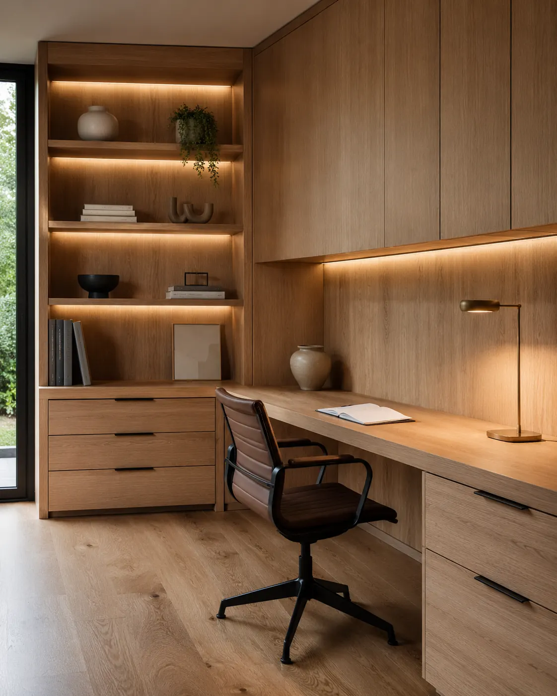 Oak home office with window view