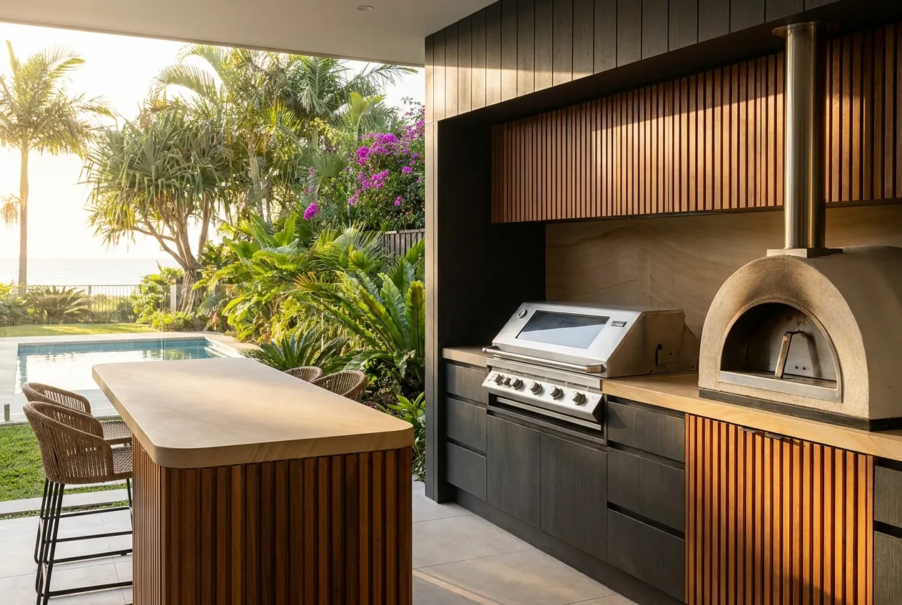Poolside alfresco kitchen with BBQ and pizza oven