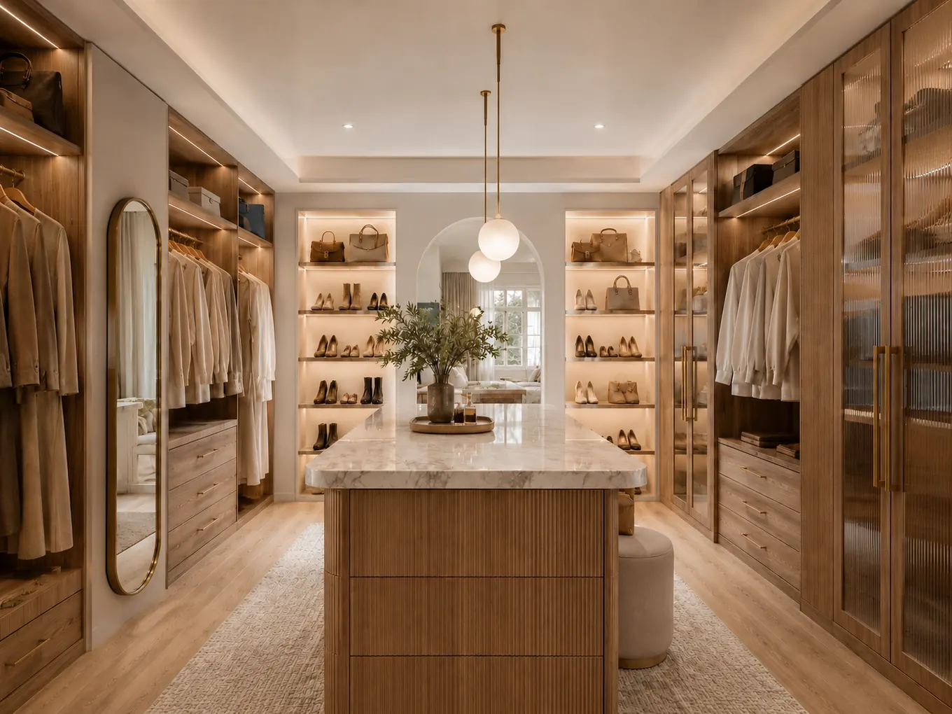 Marble fluted island walk-in robe