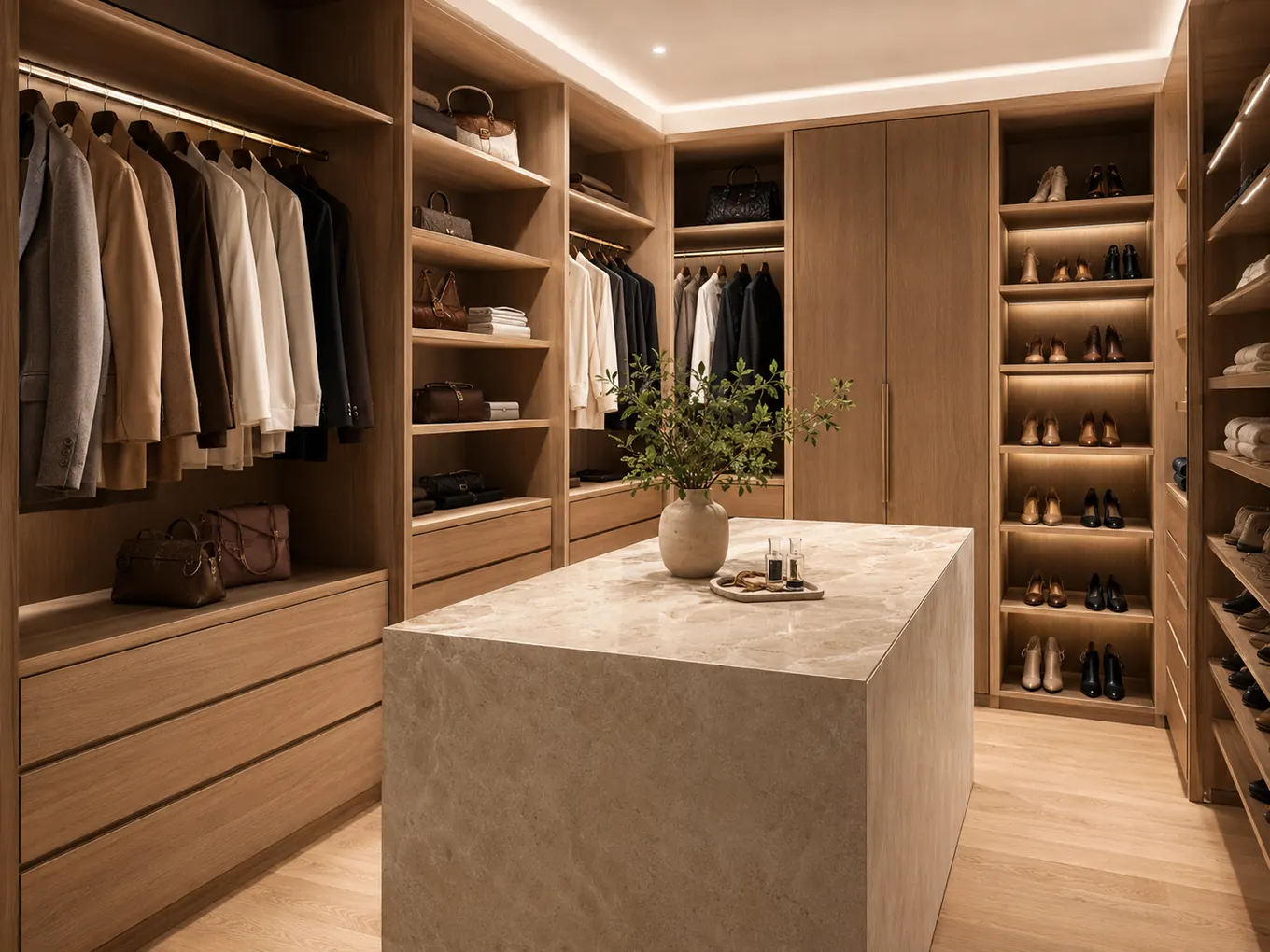 Oak and stone island walk-in robe