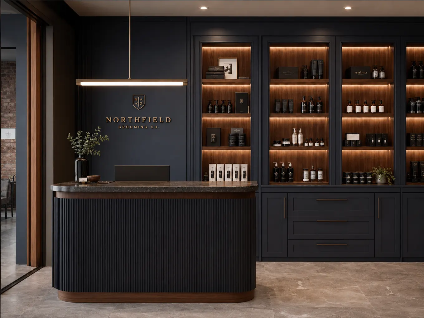Navy bar with lit shelves