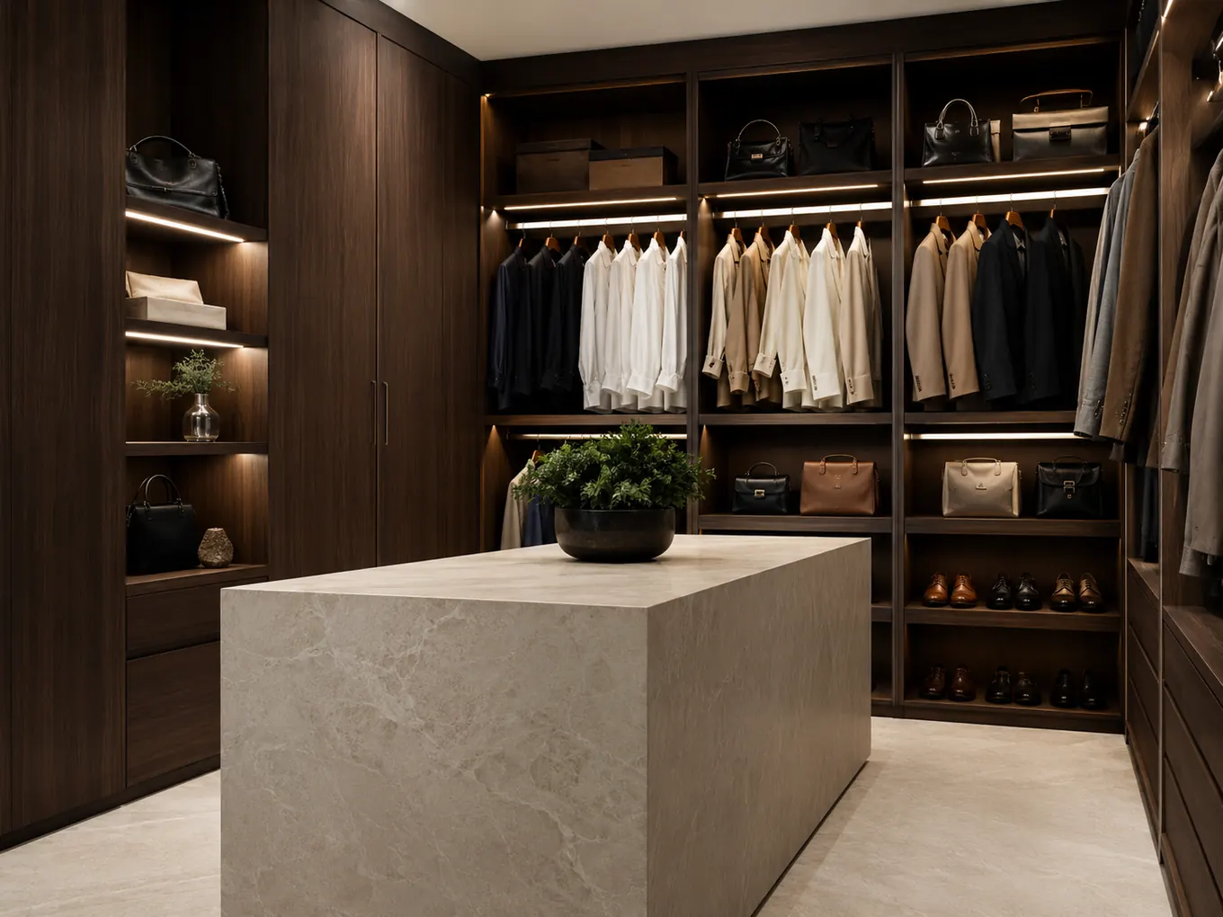 Dark walnut walk-in robe with suits, Sunshine Coast joinery