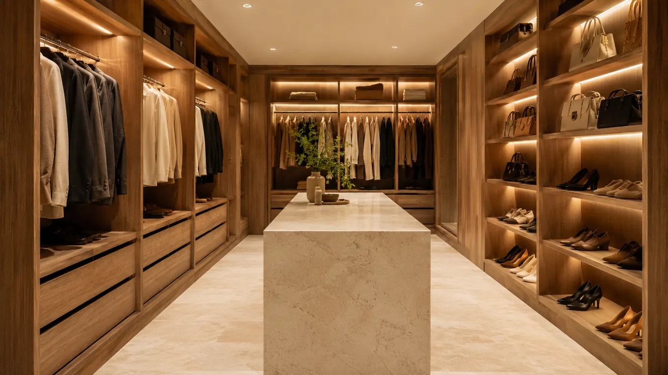 Custom walk-in robe with marble island, Sunshine Coast
