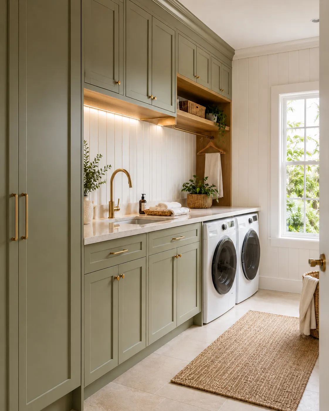 Sage green laundry cabinetry, Sunshine Coast custom design