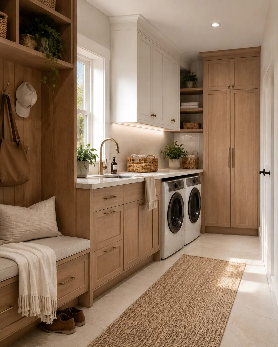 Timber and stone laundry cabinetry, Sunshine Coast custom joinery