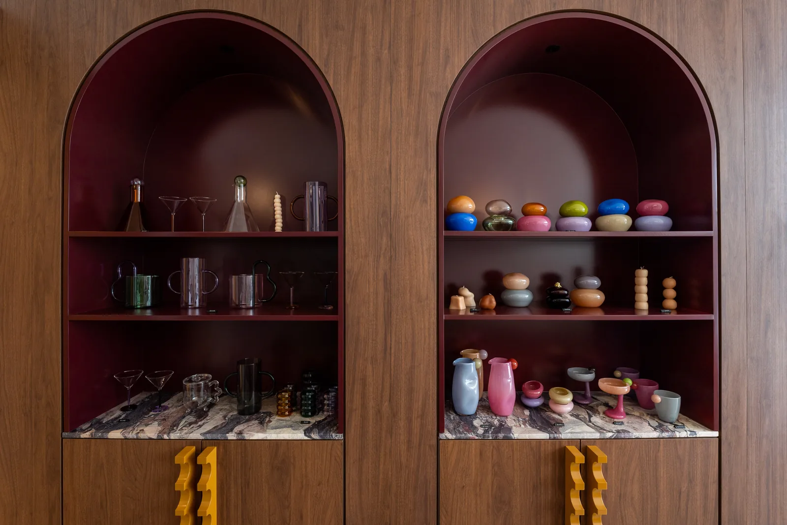Walnut arched display cabinets, Sayers Home