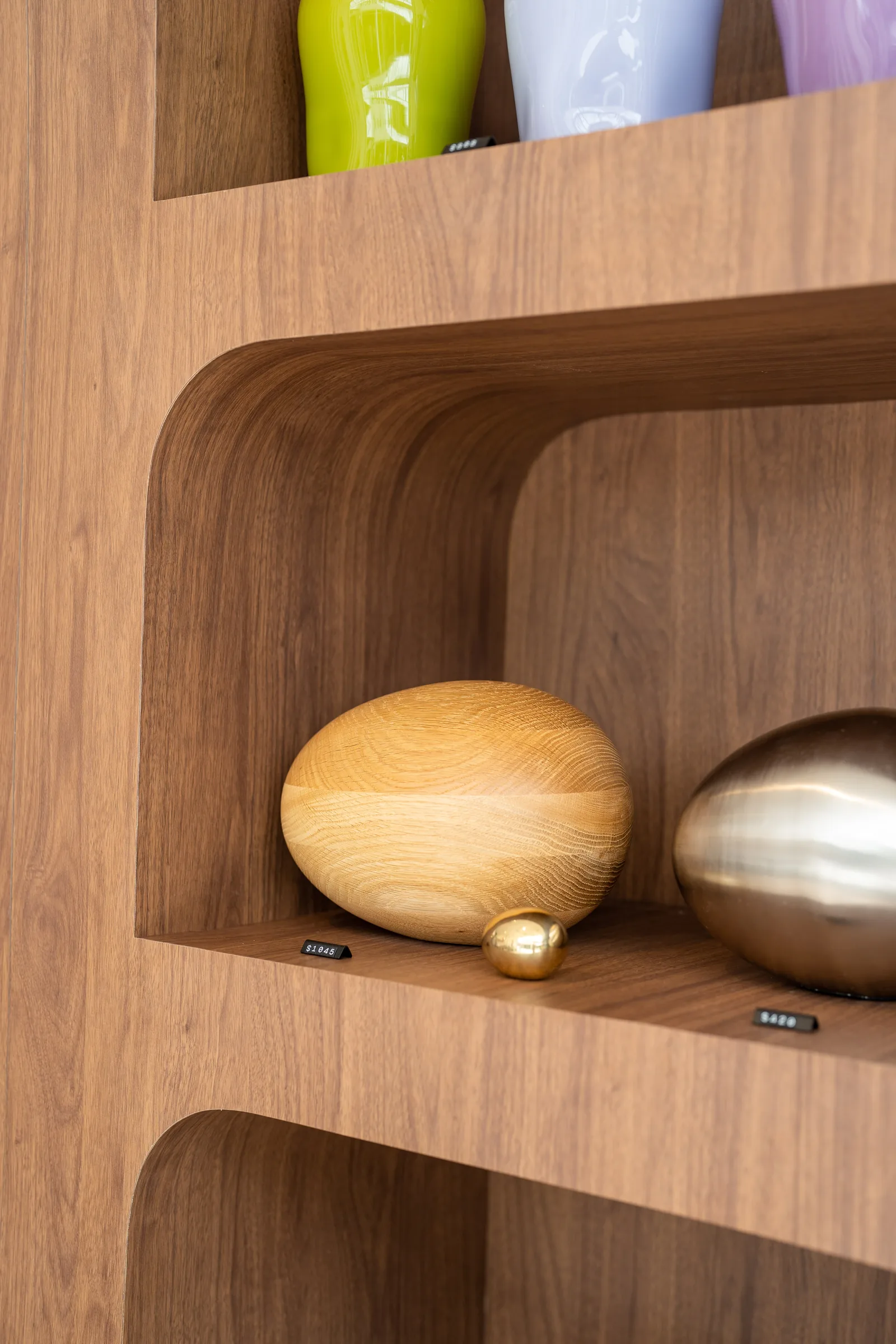 Walnut veneer curved display unit, Sayers Home