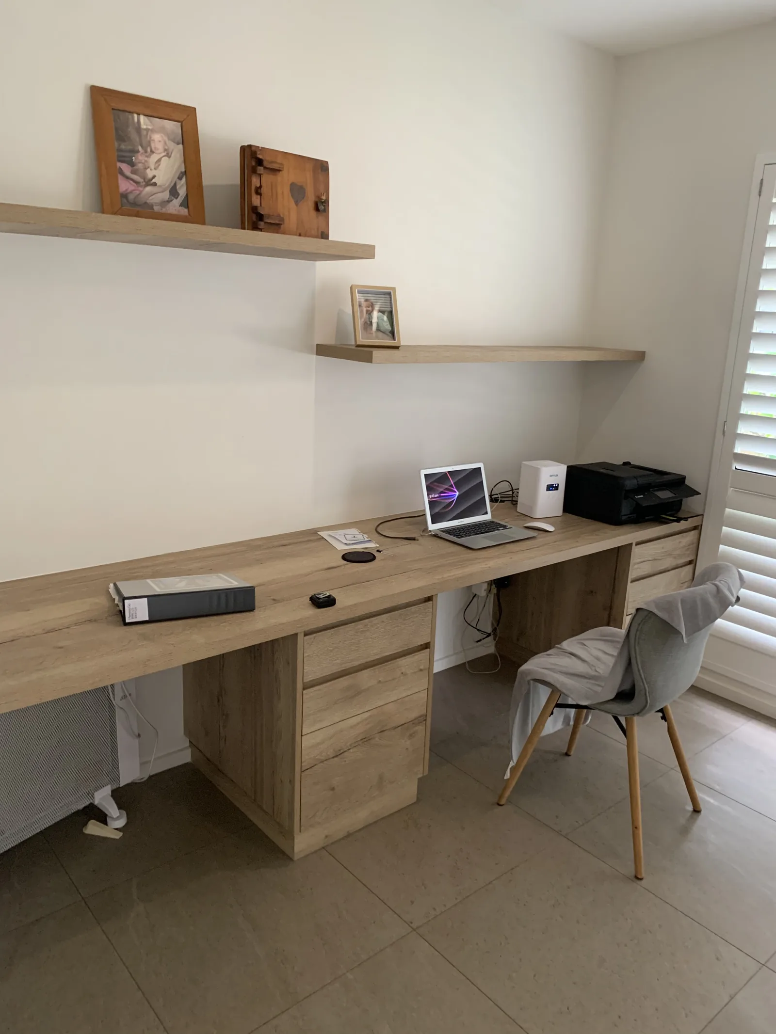 Timber desk with floating shelf and drawers