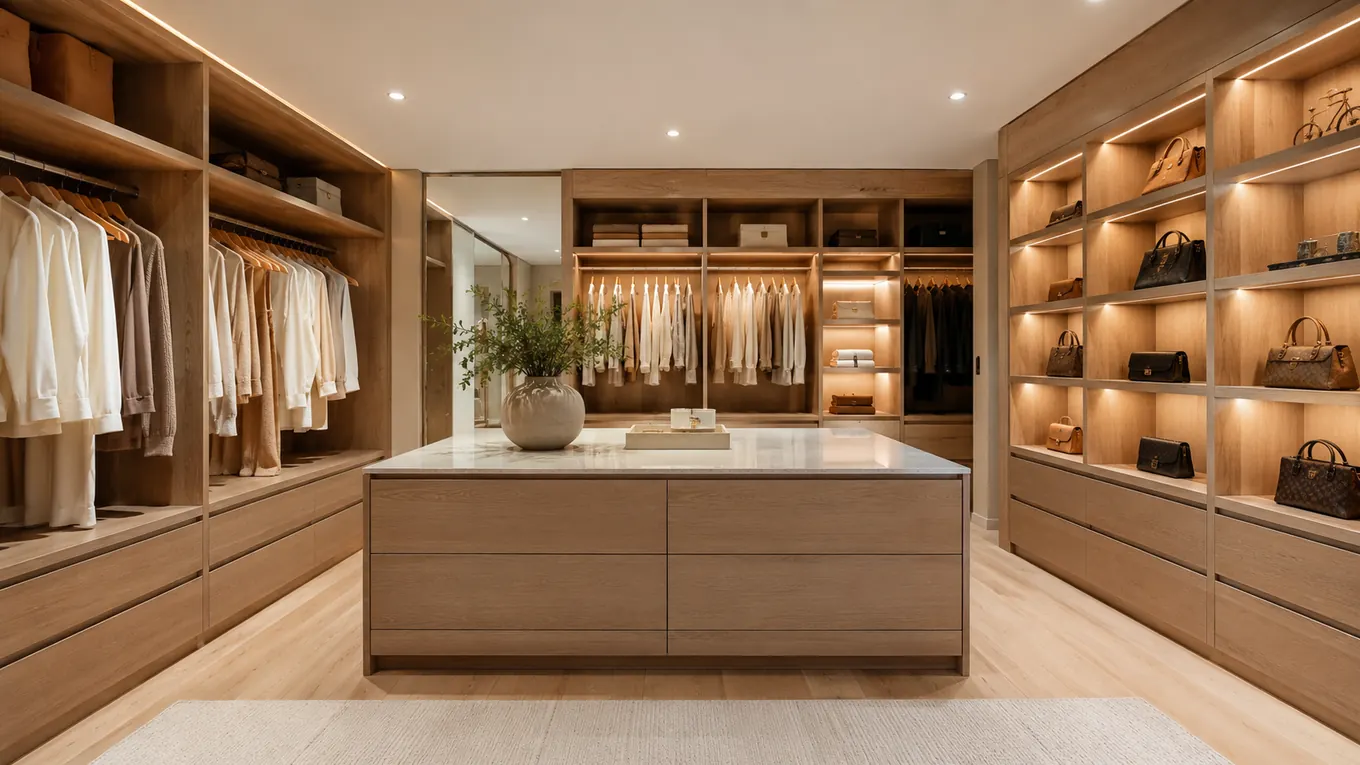 Lit walk-in robe with island, Sunshine Coast custom joinery